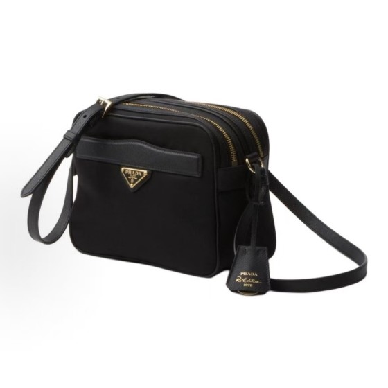 PRADA women\'s black crossbody single-shoulder bag with an enamel metal triangular logo on the front